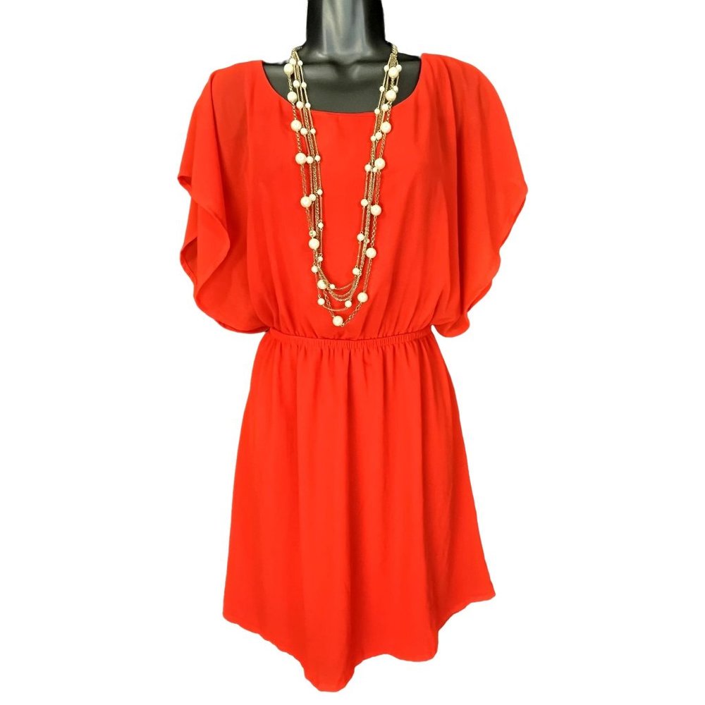 MY STORY Womens Sheer Red Mini dress, Size Large, lined w/boat neck